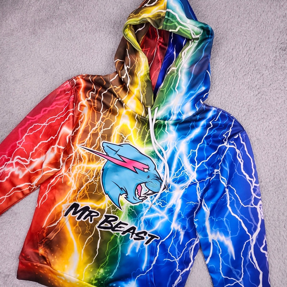 Mr Beast Hoodie Youth L Rainbow Lightning Graphic Pullover Sweatshirt Y2K Gamer